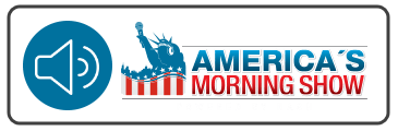 A rectangular button with a white background and the America's Morning Show logo on the right and a speaker or sound illustration in a blue circle on the left.