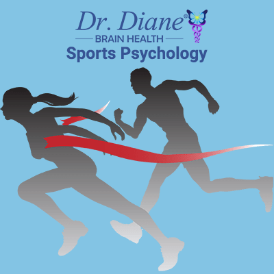 Grey silhouettes on a blue background of a woman and a man running, indicating sports psychology.